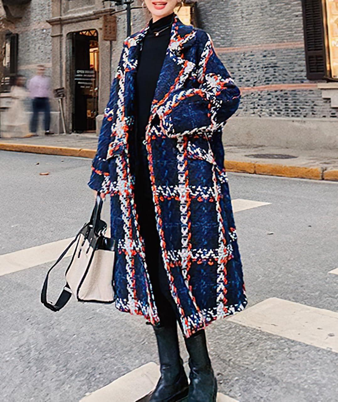 imagechouyatou Womens Tweed Double Breasted Wool Coat Plaid Notch Lapel Mid Long Peacoat Winter Trench CoatBlue