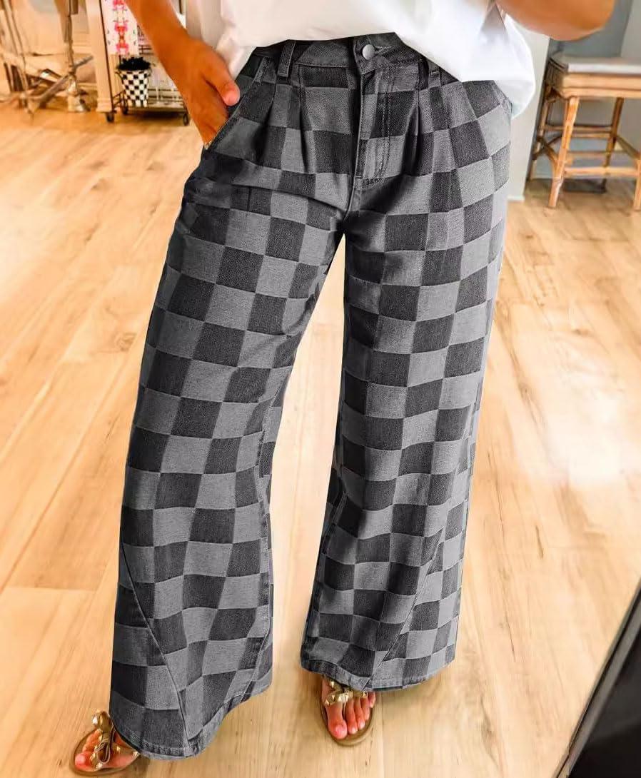 imagechouyatou Womens Vintage Checkered Barrel Jeans Boyfriend Baggy Jeans Plaid Wide Leg Denim Pants with PocketsBlack