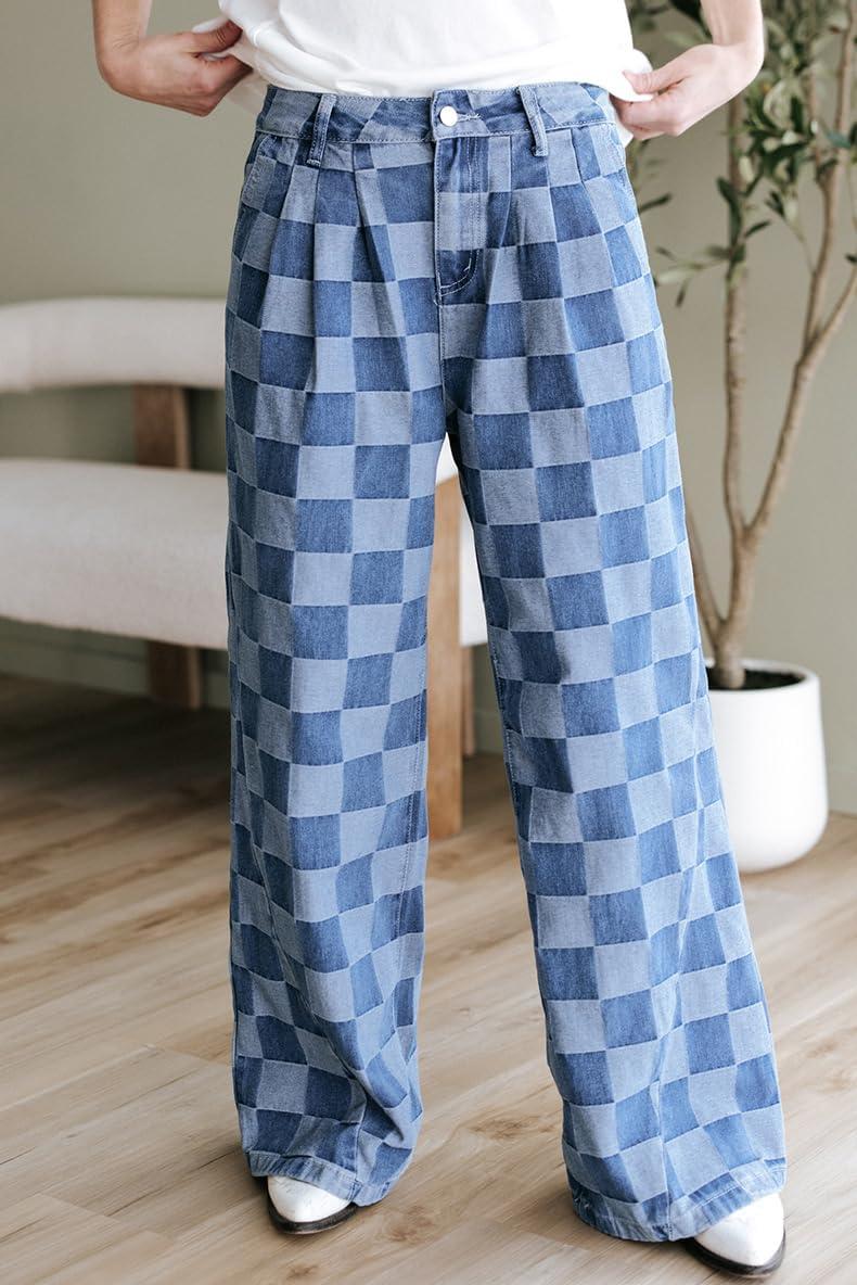 imagechouyatou Womens Vintage Checkered Barrel Jeans Boyfriend Baggy Jeans Plaid Wide Leg Denim Pants with PocketsBlue