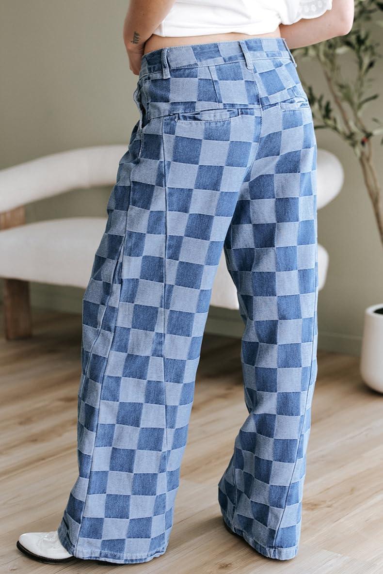 imagechouyatou Womens Vintage Checkered Barrel Jeans Boyfriend Baggy Jeans Plaid Wide Leg Denim Pants with PocketsBlue