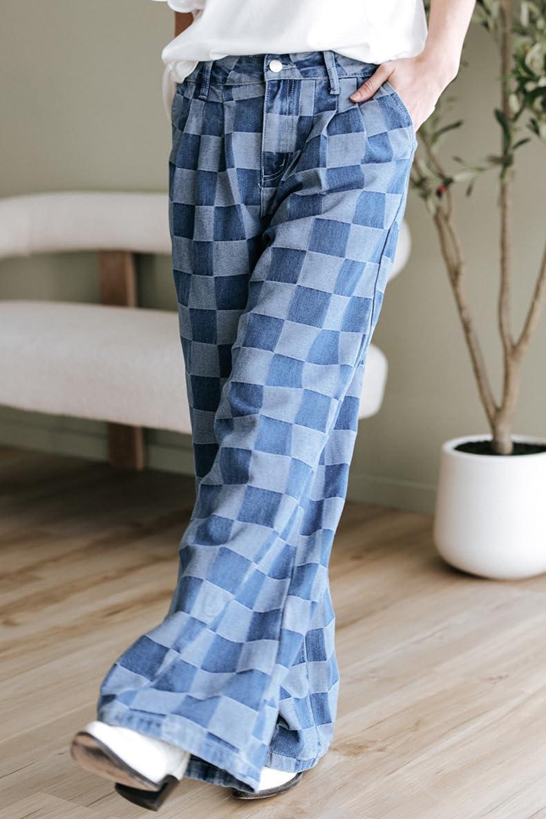imagechouyatou Womens Vintage Checkered Barrel Jeans Boyfriend Baggy Jeans Plaid Wide Leg Denim Pants with PocketsBlue