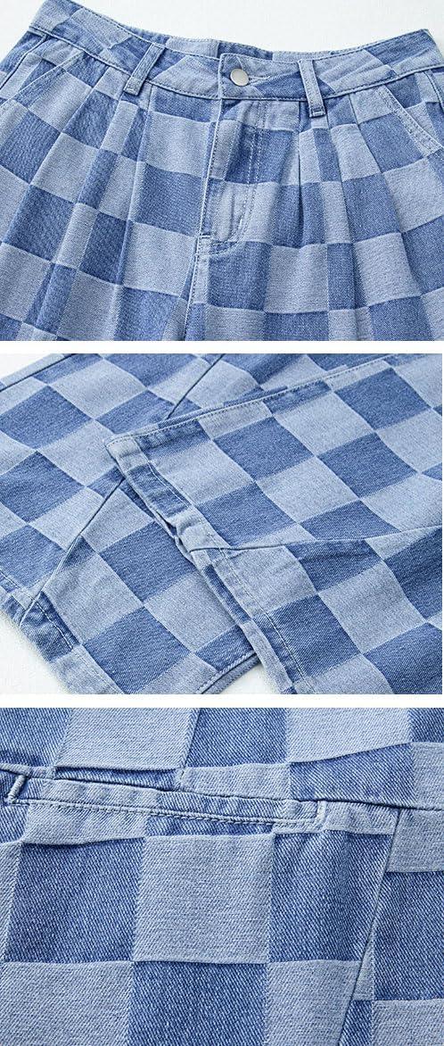 imagechouyatou Womens Vintage Checkered Barrel Jeans Boyfriend Baggy Jeans Plaid Wide Leg Denim Pants with PocketsBlue