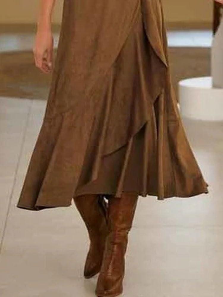 imagechouyatou Womens Vintage Corduroy Mermaid Skirt ALine Irregular Ruffle Hem Fishtail Midi Long SkirtBrown