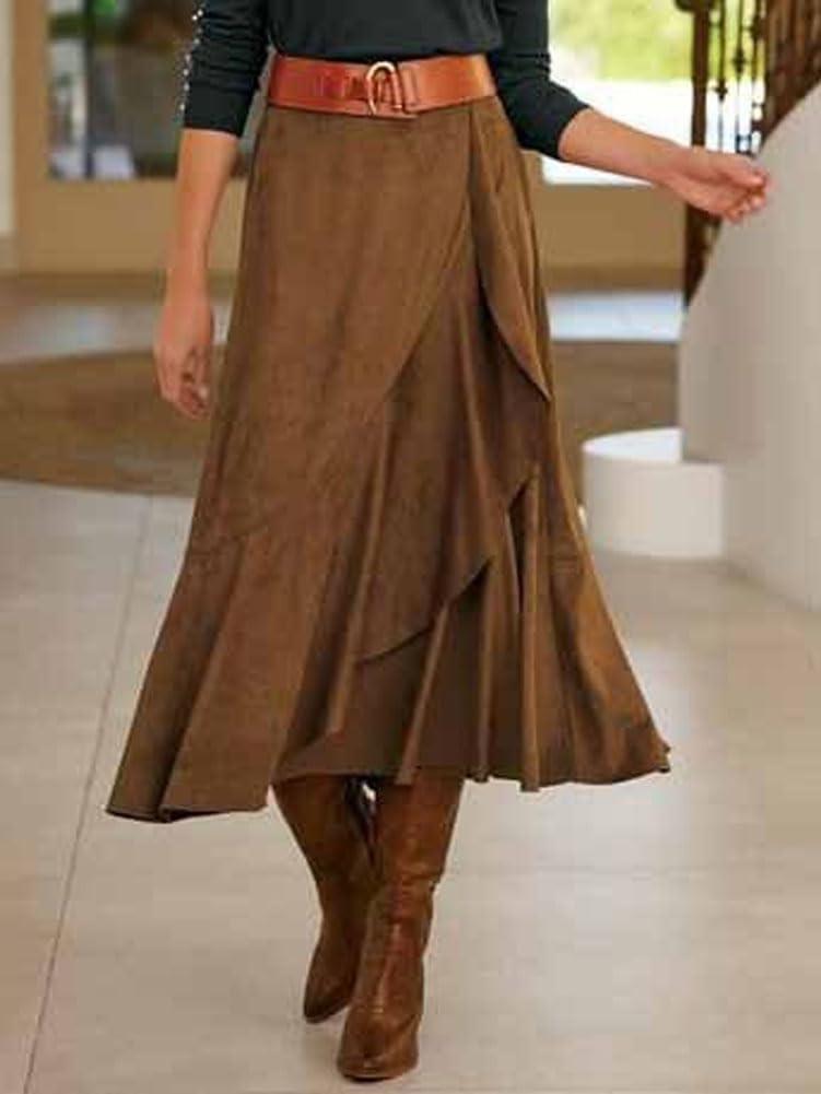 imagechouyatou Womens Vintage Corduroy Mermaid Skirt ALine Irregular Ruffle Hem Fishtail Midi Long SkirtBrown