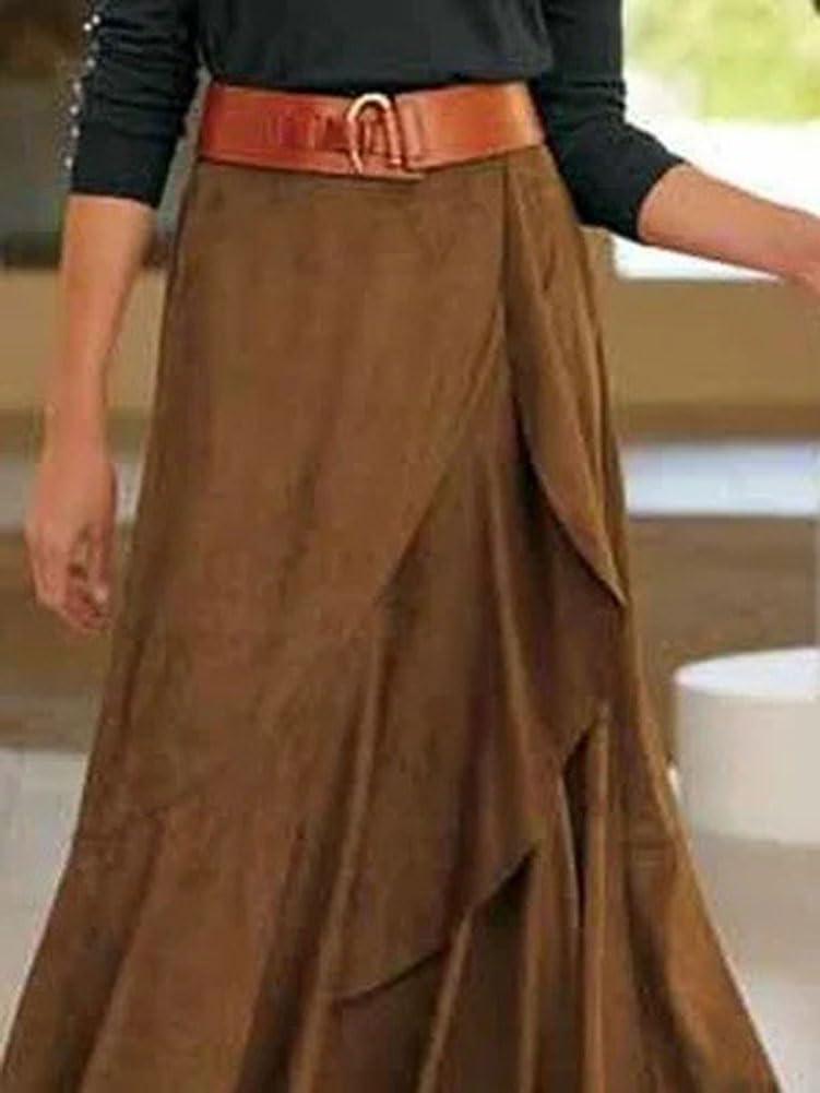 imagechouyatou Womens Vintage Corduroy Mermaid Skirt ALine Irregular Ruffle Hem Fishtail Midi Long SkirtBrown