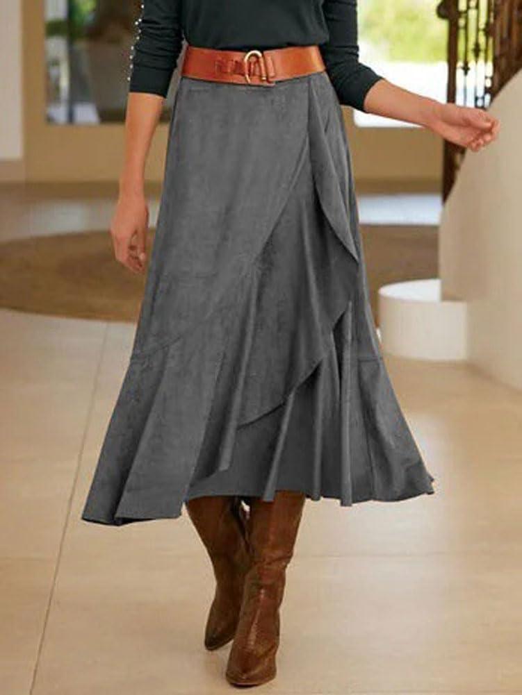 imagechouyatou Womens Vintage Corduroy Mermaid Skirt ALine Irregular Ruffle Hem Fishtail Midi Long SkirtGray