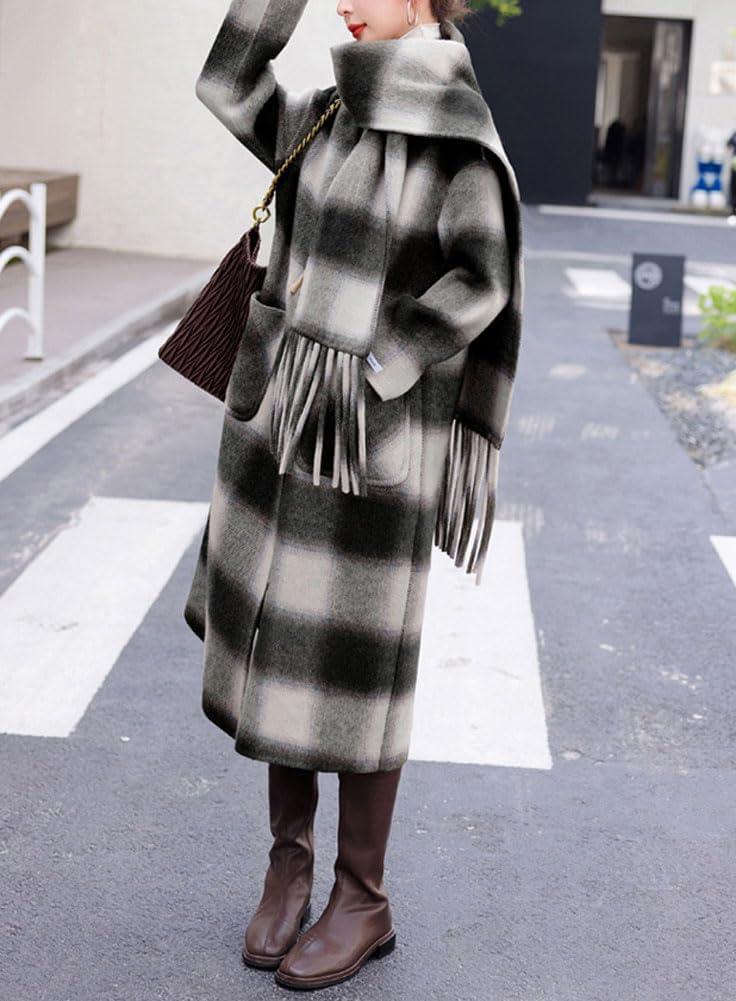imagechouyatou Womens Vintage Plaid Wool Coat with Scarf Wool Blend Long Trench Pea Coat Outerwear OvercoatBlack