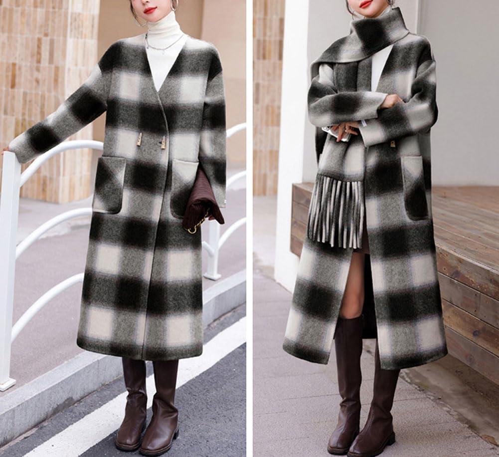 imagechouyatou Womens Vintage Plaid Wool Coat with Scarf Wool Blend Long Trench Pea Coat Outerwear OvercoatBlack