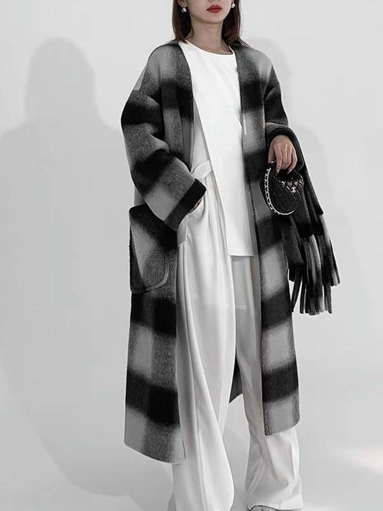 imagechouyatou Womens Vintage Plaid Wool Coat with Scarf Wool Blend Long Trench Pea Coat Outerwear OvercoatBlack