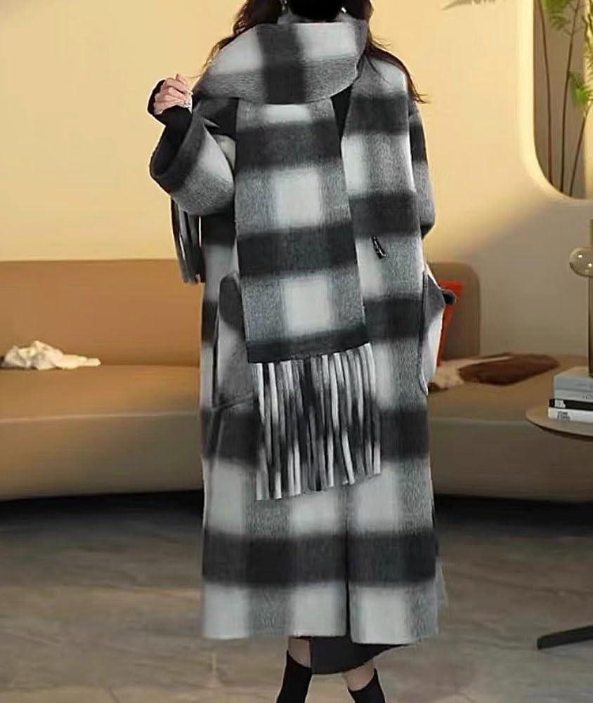 imagechouyatou Womens Vintage Plaid Wool Coat with Scarf Wool Blend Long Trench Pea Coat Outerwear OvercoatBlack