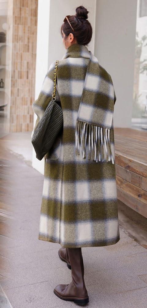 imagechouyatou Womens Vintage Plaid Wool Coat with Scarf Wool Blend Long Trench Pea Coat Outerwear OvercoatGreen