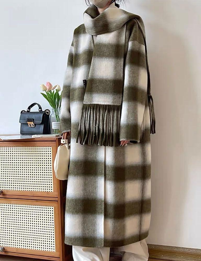 imagechouyatou Womens Vintage Plaid Wool Coat with Scarf Wool Blend Long Trench Pea Coat Outerwear OvercoatGreen