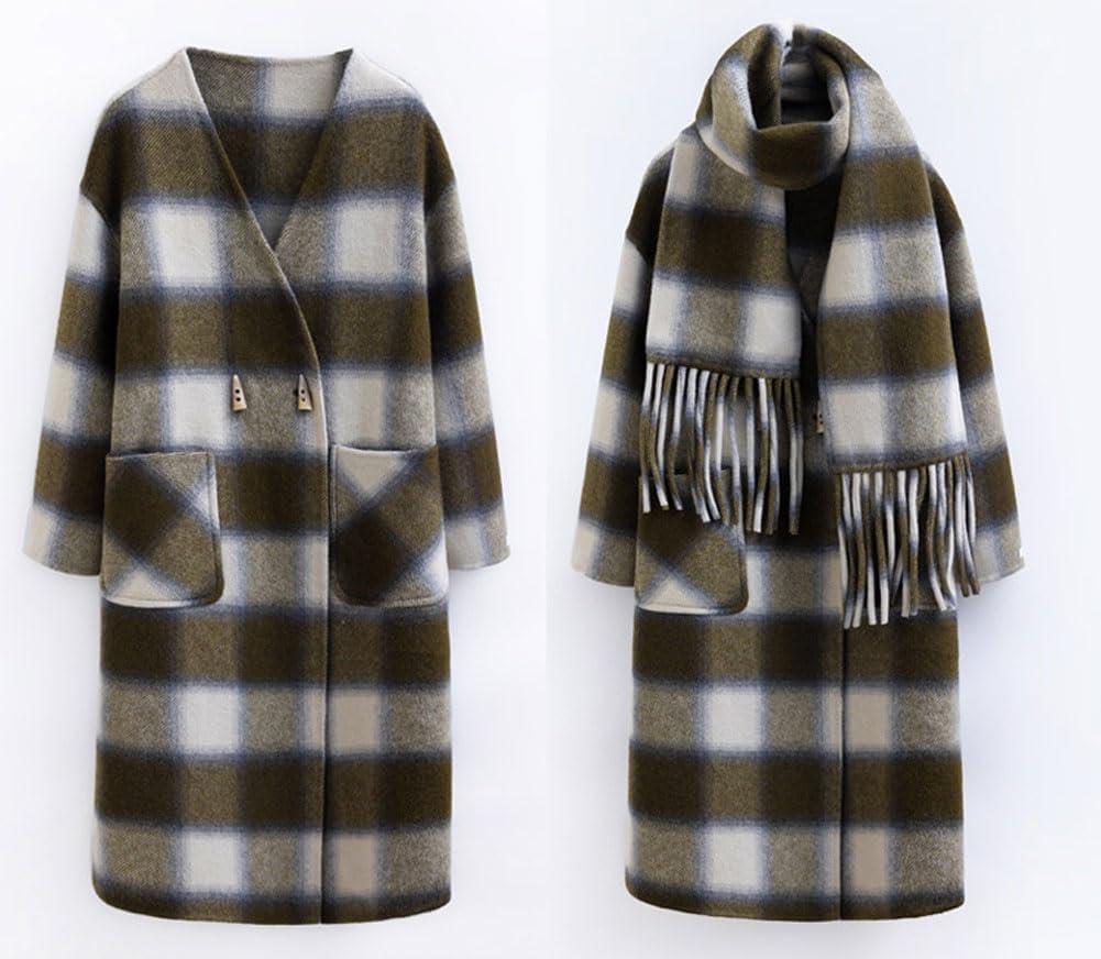imagechouyatou Womens Vintage Plaid Wool Coat with Scarf Wool Blend Long Trench Pea Coat Outerwear OvercoatGreen