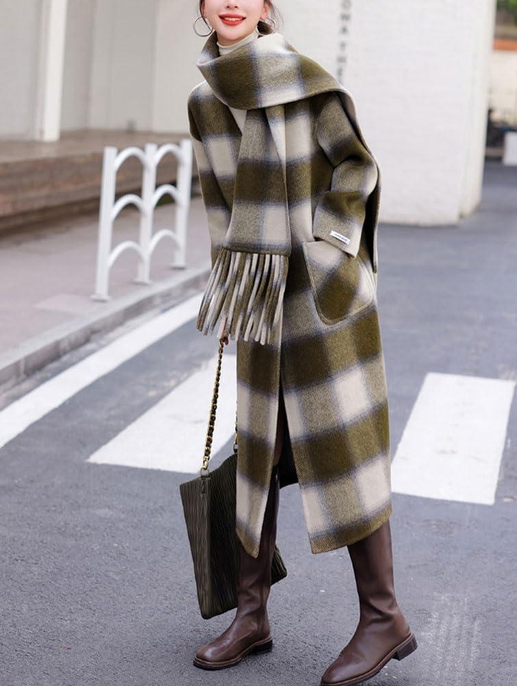 imagechouyatou Womens Vintage Plaid Wool Coat with Scarf Wool Blend Long Trench Pea Coat Outerwear OvercoatGreen