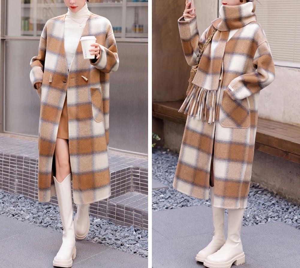 imagechouyatou Womens Vintage Plaid Wool Coat with Scarf Wool Blend Long Trench Pea Coat Outerwear OvercoatKhaki
