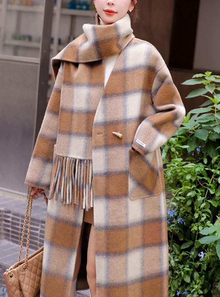 imagechouyatou Womens Vintage Plaid Wool Coat with Scarf Wool Blend Long Trench Pea Coat Outerwear OvercoatKhaki