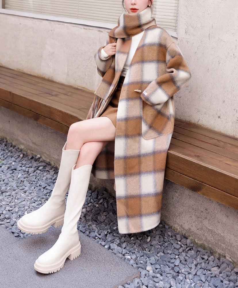 imagechouyatou Womens Vintage Plaid Wool Coat with Scarf Wool Blend Long Trench Pea Coat Outerwear OvercoatKhaki