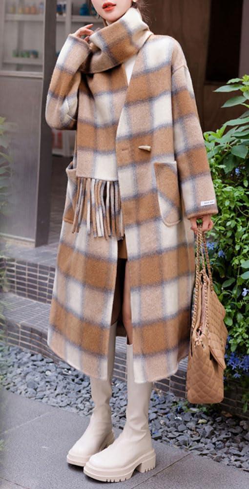 imagechouyatou Womens Vintage Plaid Wool Coat with Scarf Wool Blend Long Trench Pea Coat Outerwear OvercoatKhaki