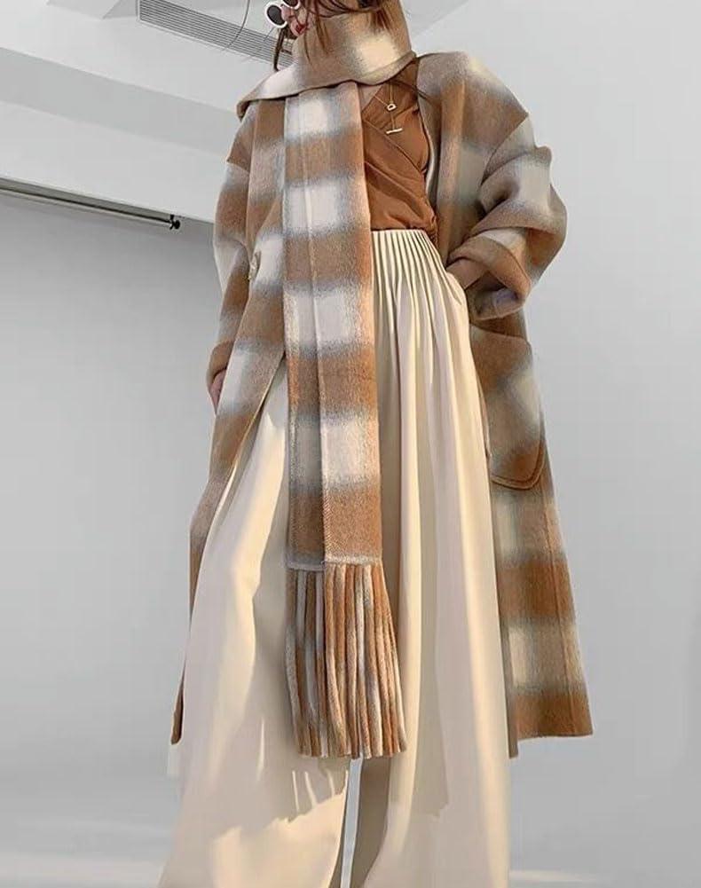 imagechouyatou Womens Vintage Plaid Wool Coat with Scarf Wool Blend Long Trench Pea Coat Outerwear OvercoatKhaki