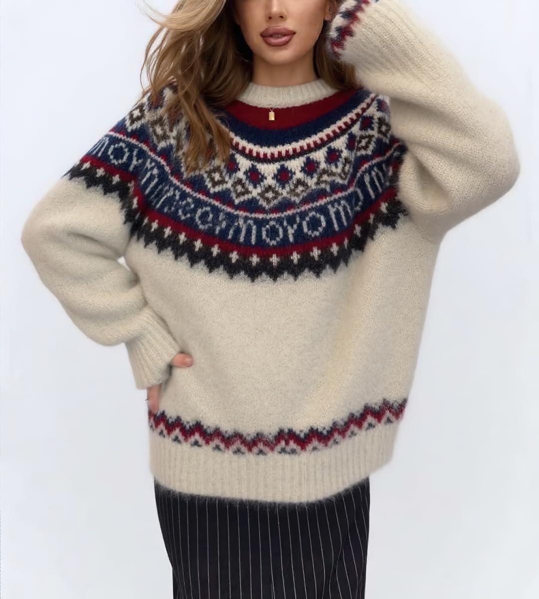 imagechouyatou Womens Warm Tribal Aztec Floral Sweater Top Crewneck Loose Fit Fair Isle Boho Knit SweatersBeige