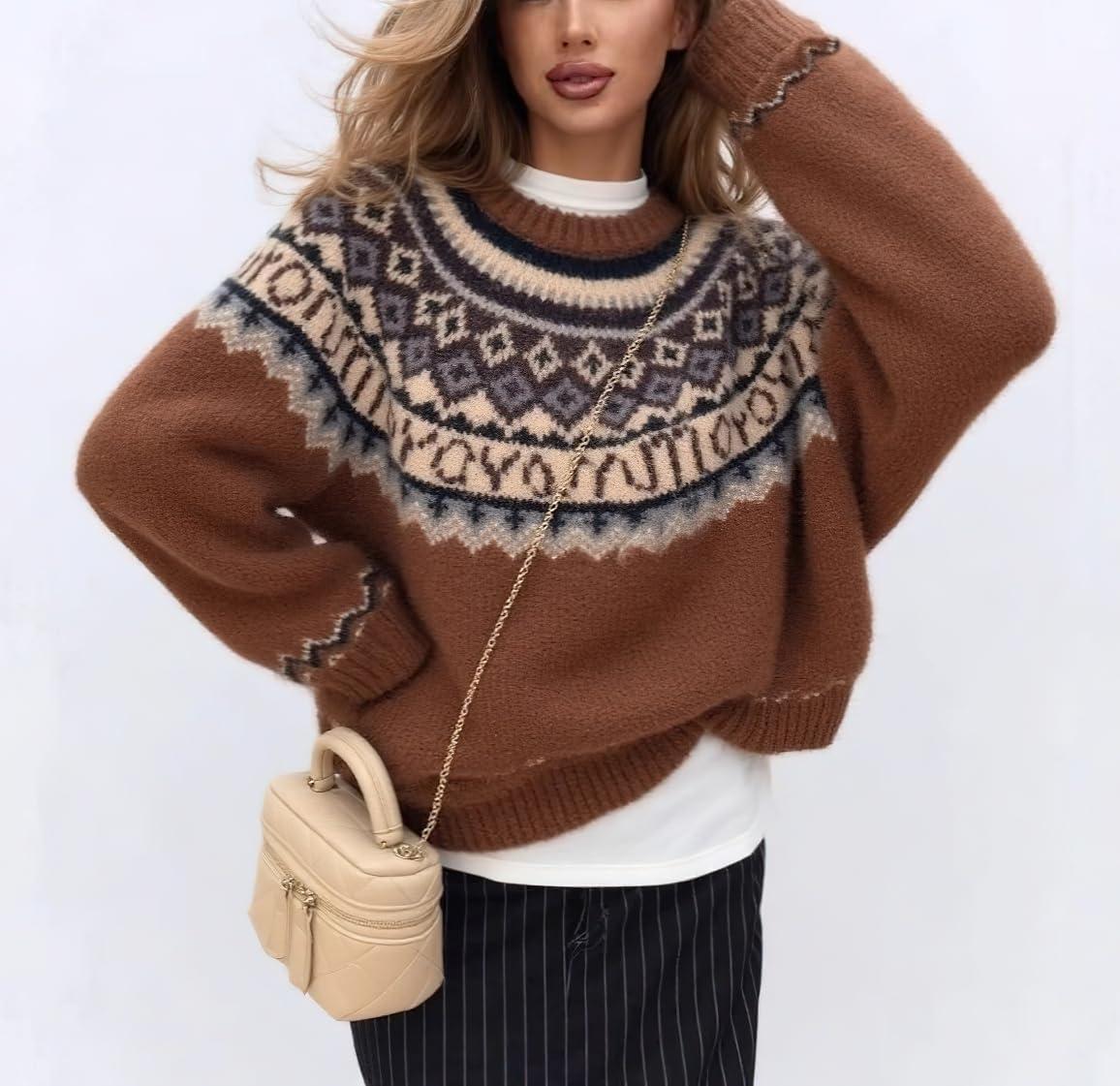 imagechouyatou Womens Warm Tribal Aztec Floral Sweater Top Crewneck Loose Fit Fair Isle Boho Knit SweatersBrown