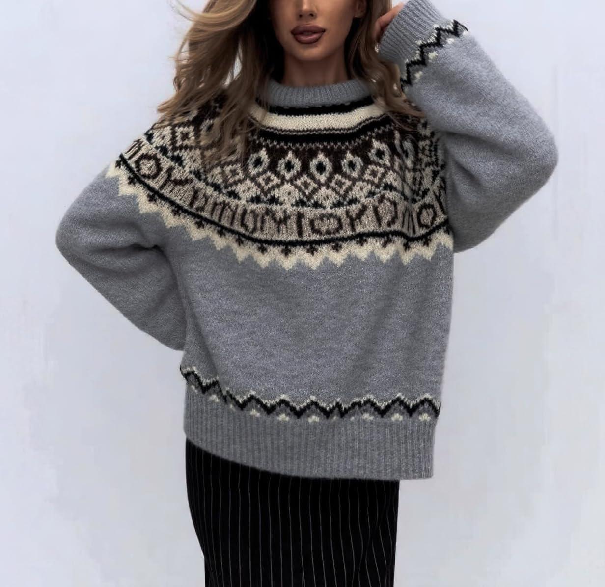 imagechouyatou Womens Warm Tribal Aztec Floral Sweater Top Crewneck Loose Fit Fair Isle Boho Knit SweatersGrey