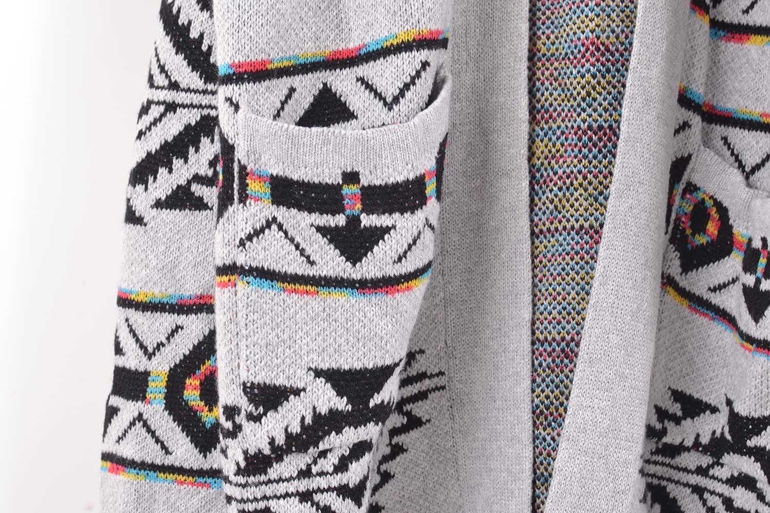 imagechouyatou Womens Western Aztec Print Open Front Long Cardigan Sweaters with PocketsGray