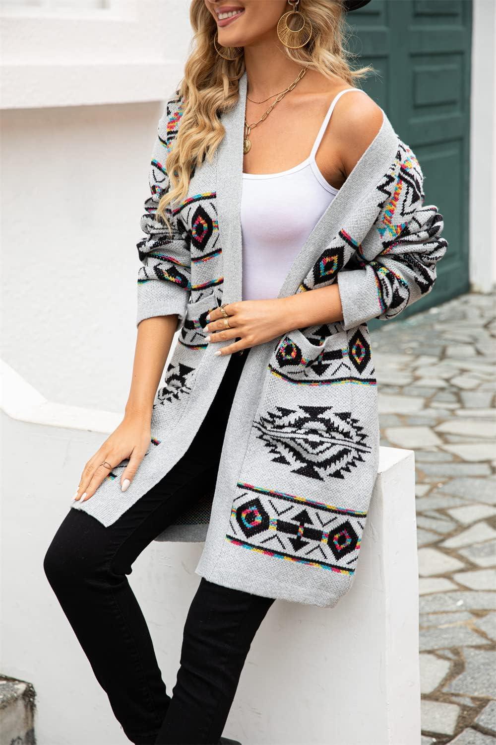 imagechouyatou Womens Western Aztec Print Open Front Long Cardigan Sweaters with PocketsGray