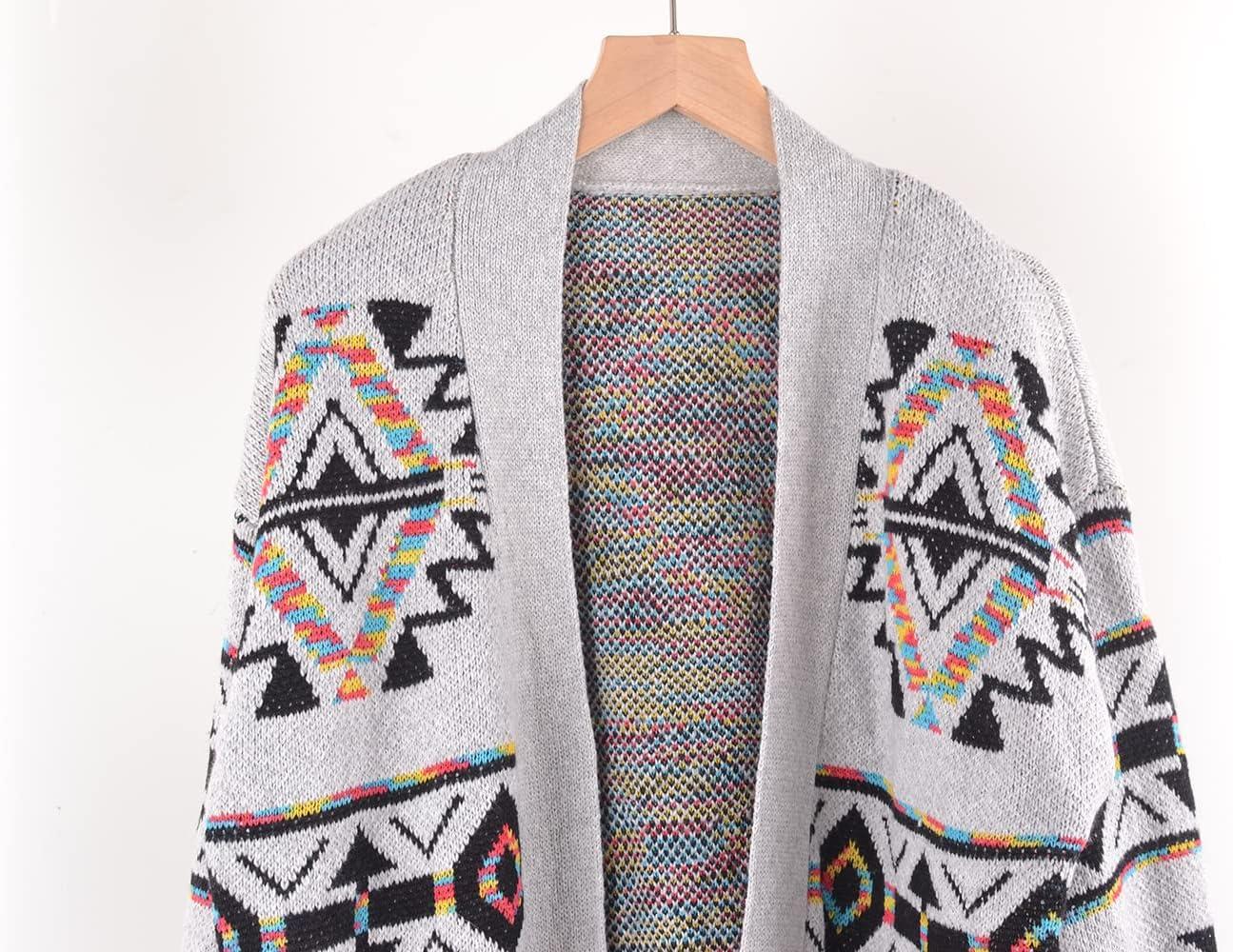 imagechouyatou Womens Western Aztec Print Open Front Long Cardigan Sweaters with PocketsGray