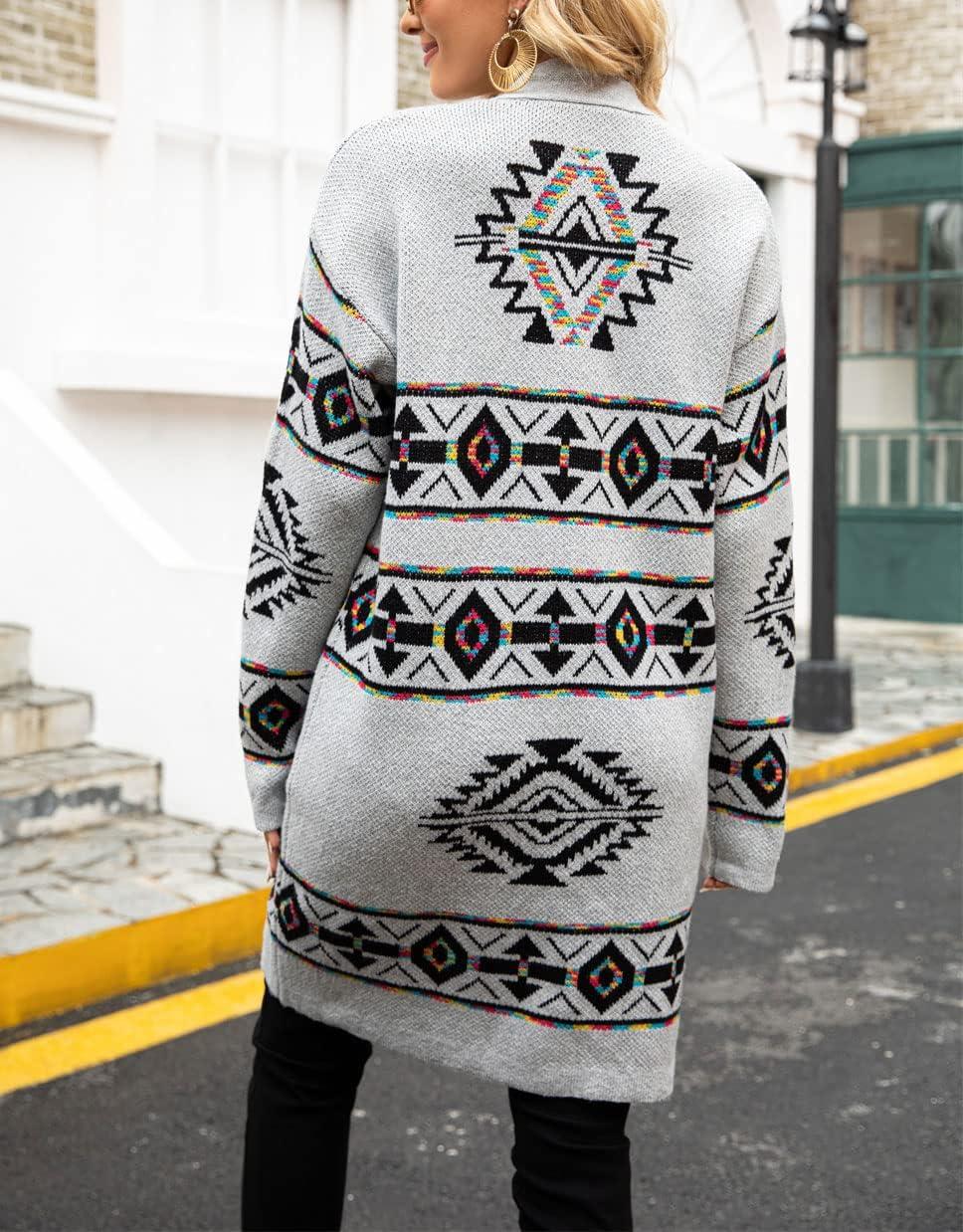 imagechouyatou Womens Western Aztec Print Open Front Long Cardigan Sweaters with PocketsGray