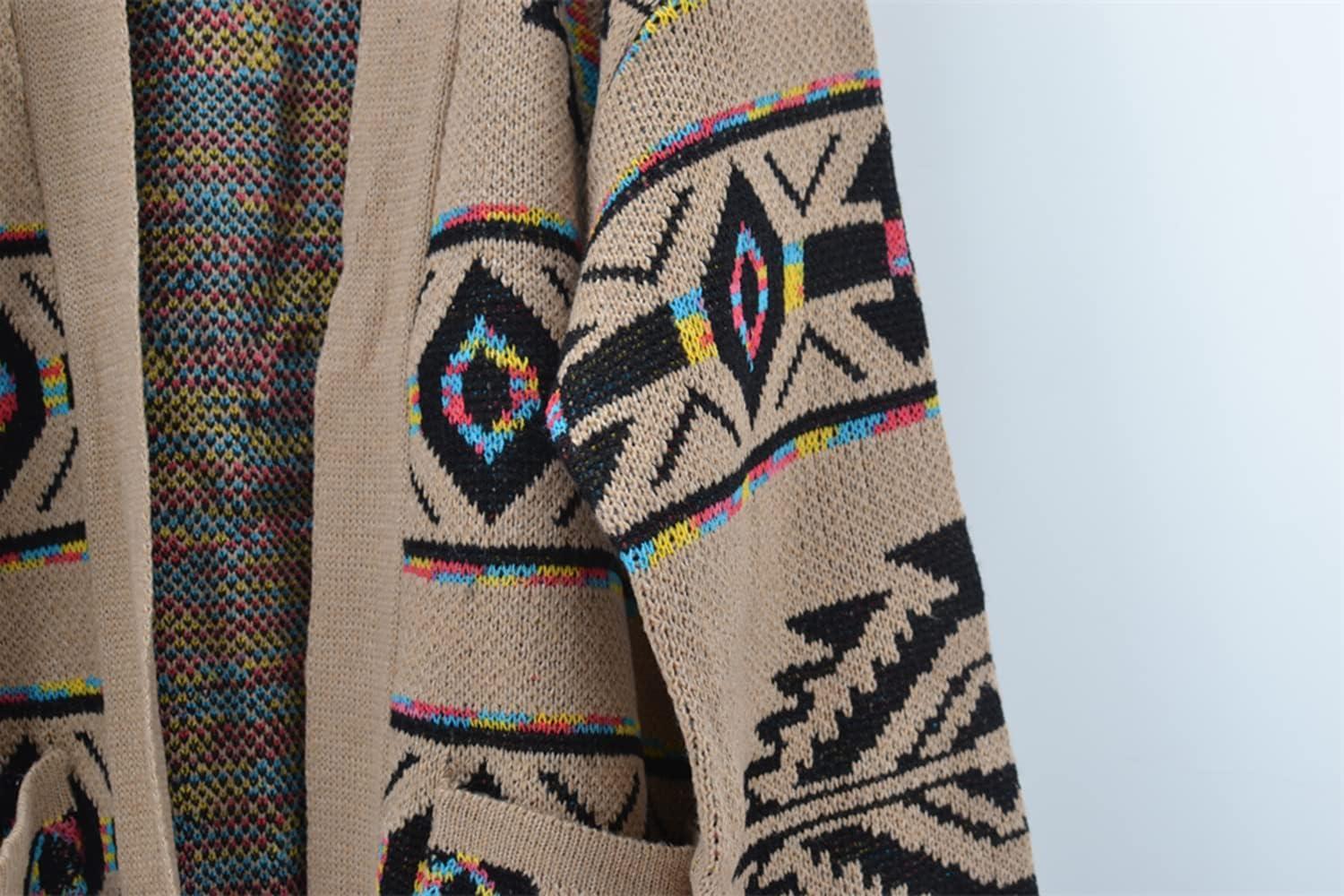 imagechouyatou Womens Western Aztec Print Open Front Long Cardigan Sweaters with PocketsKhaki