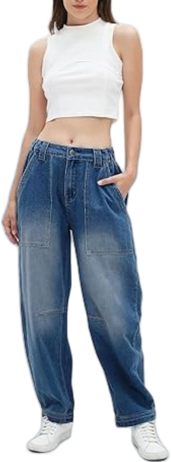 imagechouyatou Womens Wide Leg Barrel Jeans Button Fly High Waist Relax Fit Baggy Washed Denim Pants with PocketsDark Blue
