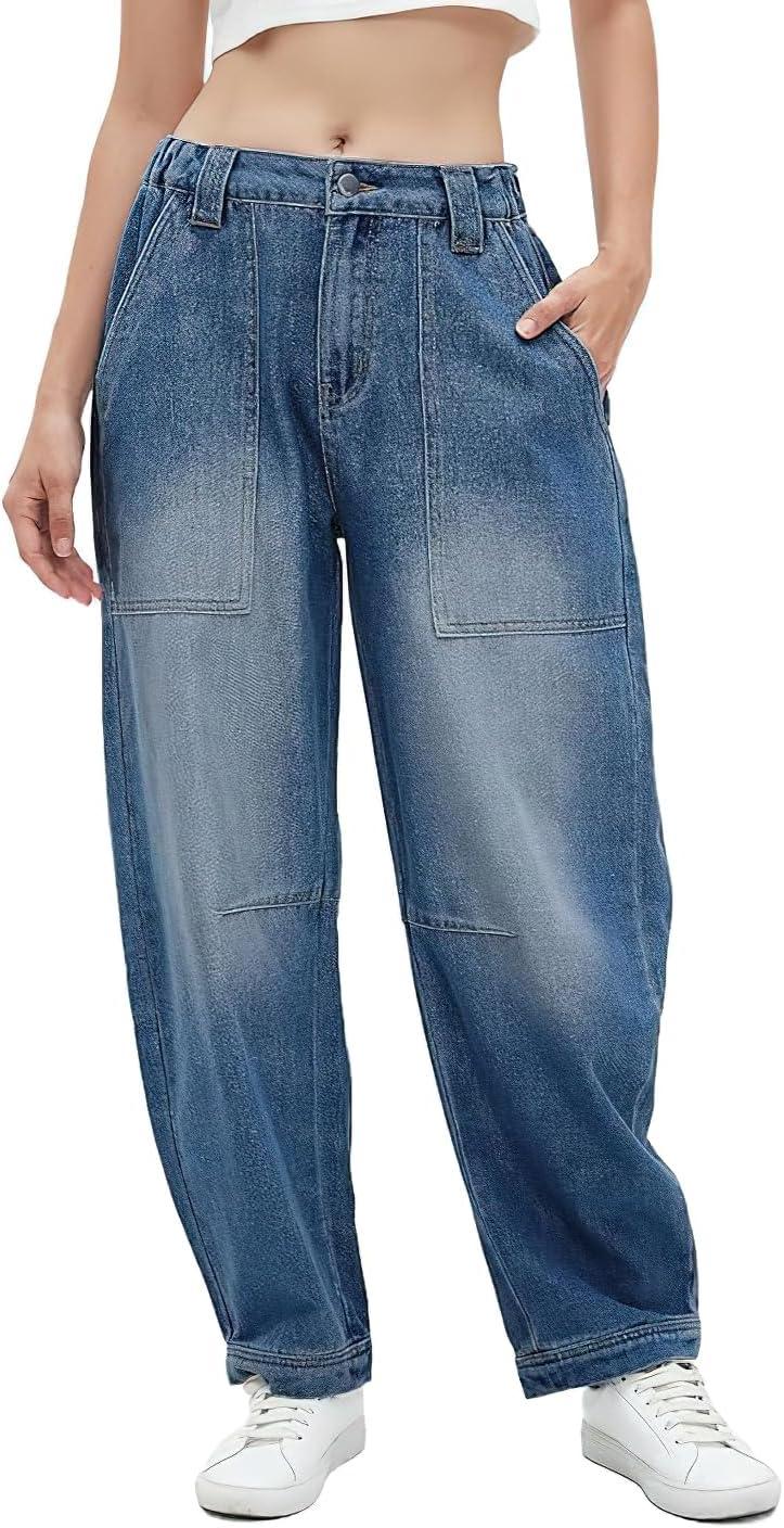 imagechouyatou Womens Wide Leg Barrel Jeans Button Fly High Waist Relax Fit Baggy Washed Denim Pants with PocketsDark Blue