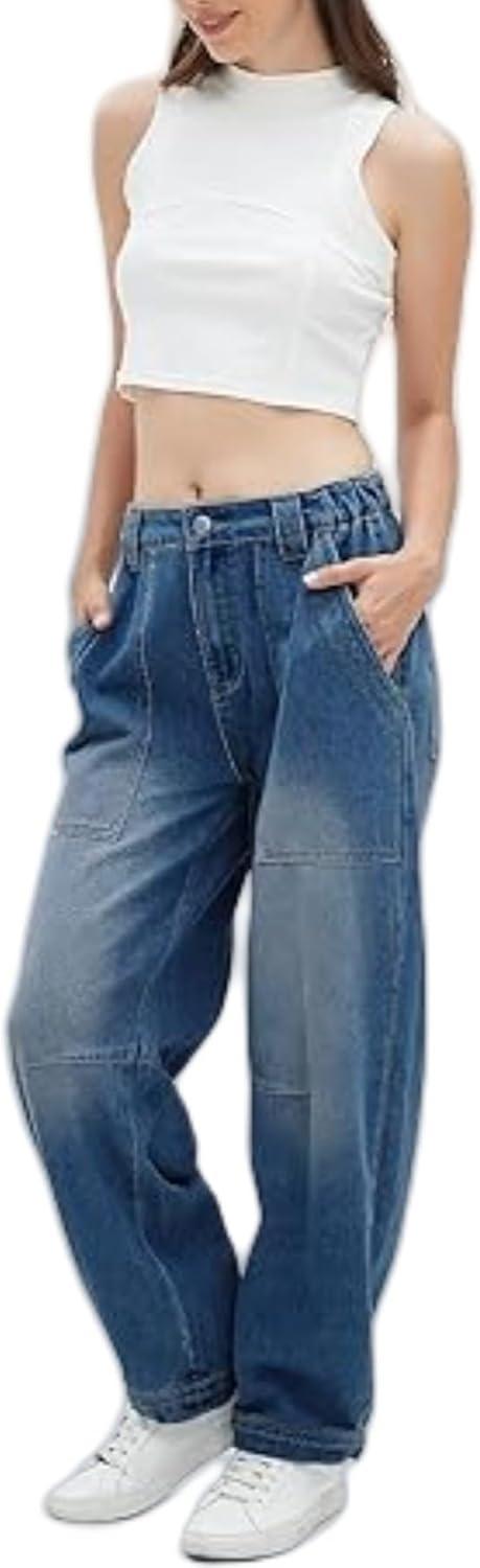 imagechouyatou Womens Wide Leg Barrel Jeans Button Fly High Waist Relax Fit Baggy Washed Denim Pants with PocketsDark Blue