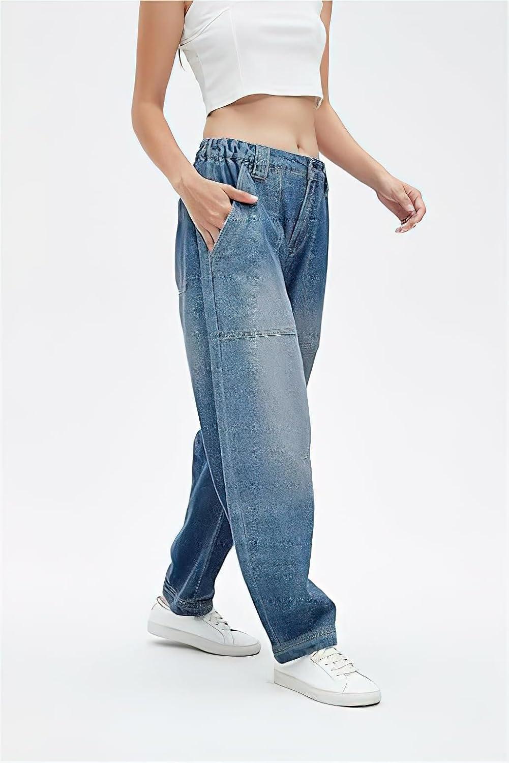 imagechouyatou Womens Wide Leg Barrel Jeans Button Fly High Waist Relax Fit Baggy Washed Denim Pants with PocketsDark Blue