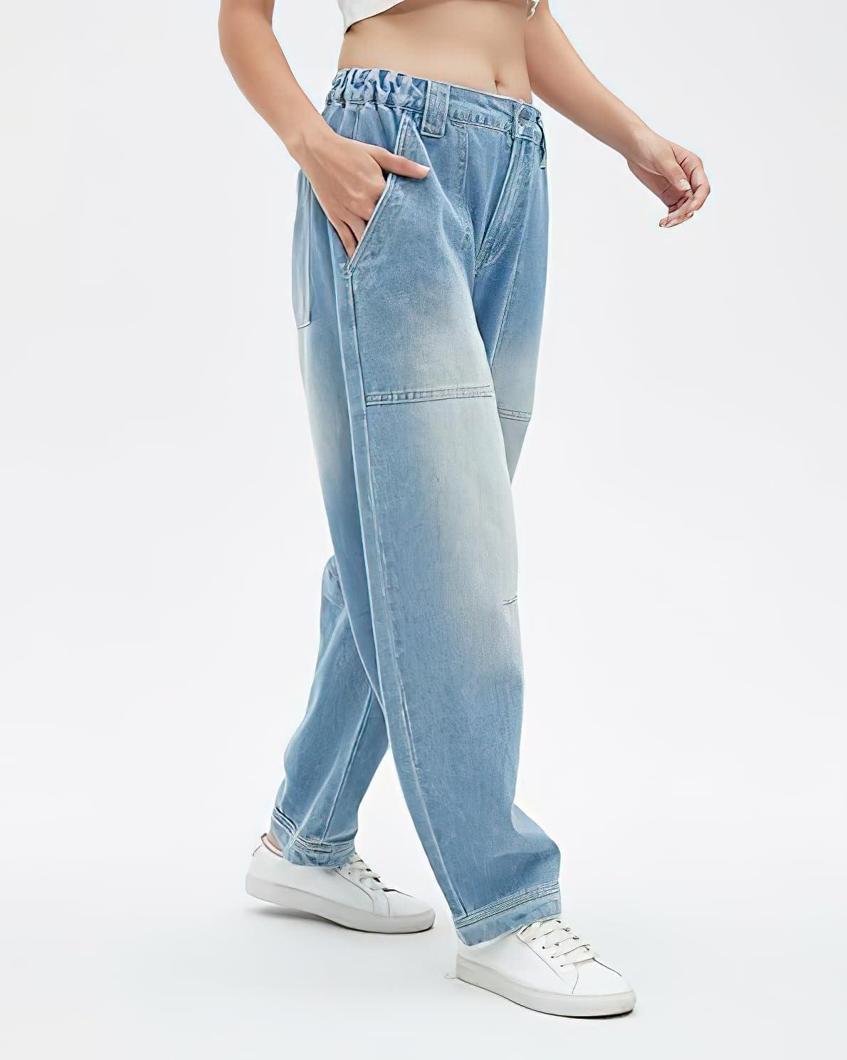 imagechouyatou Womens Wide Leg Barrel Jeans Button Fly High Waist Relax Fit Baggy Washed Denim Pants with PocketsLight Blue