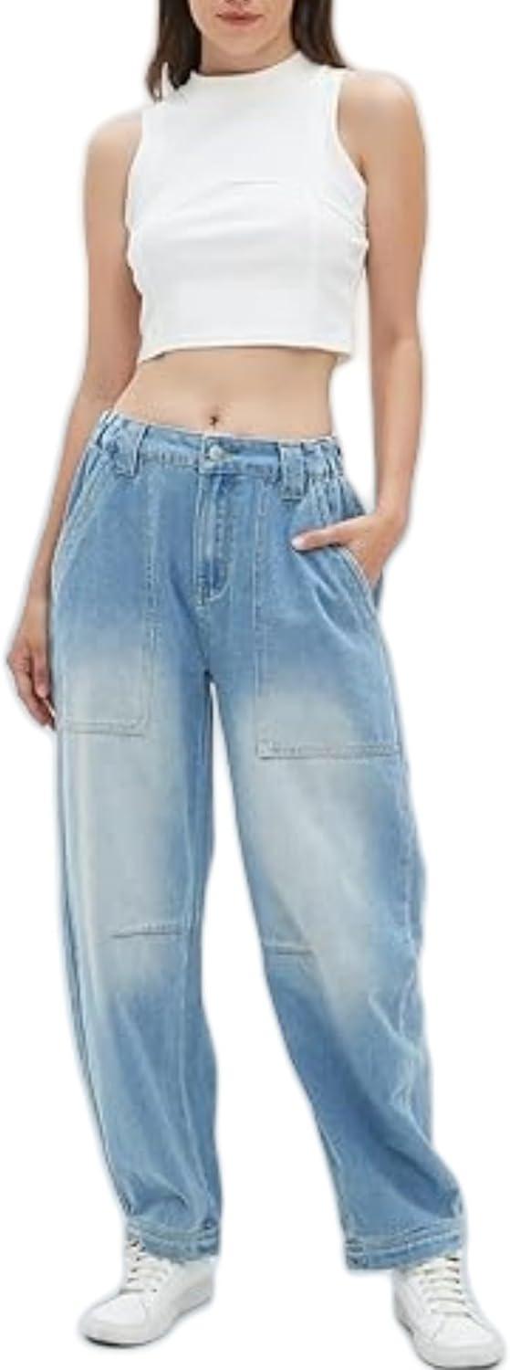 imagechouyatou Womens Wide Leg Barrel Jeans Button Fly High Waist Relax Fit Baggy Washed Denim Pants with PocketsLight Blue