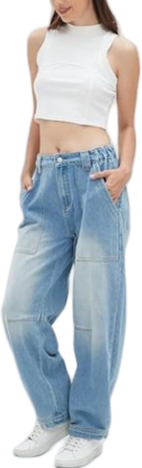 imagechouyatou Womens Wide Leg Barrel Jeans Button Fly High Waist Relax Fit Baggy Washed Denim Pants with PocketsLight Blue