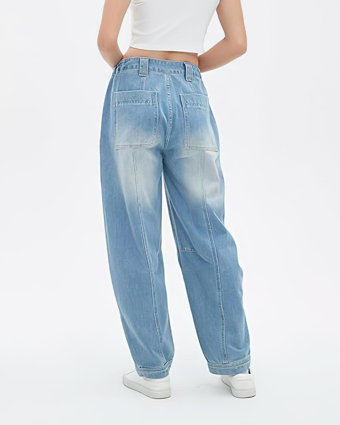 imagechouyatou Womens Wide Leg Barrel Jeans Button Fly High Waist Relax Fit Baggy Washed Denim Pants with PocketsLight Blue
