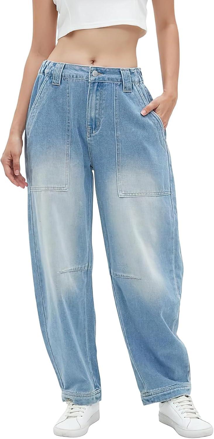 imagechouyatou Womens Wide Leg Barrel Jeans Button Fly High Waist Relax Fit Baggy Washed Denim Pants with PocketsLight Blue
