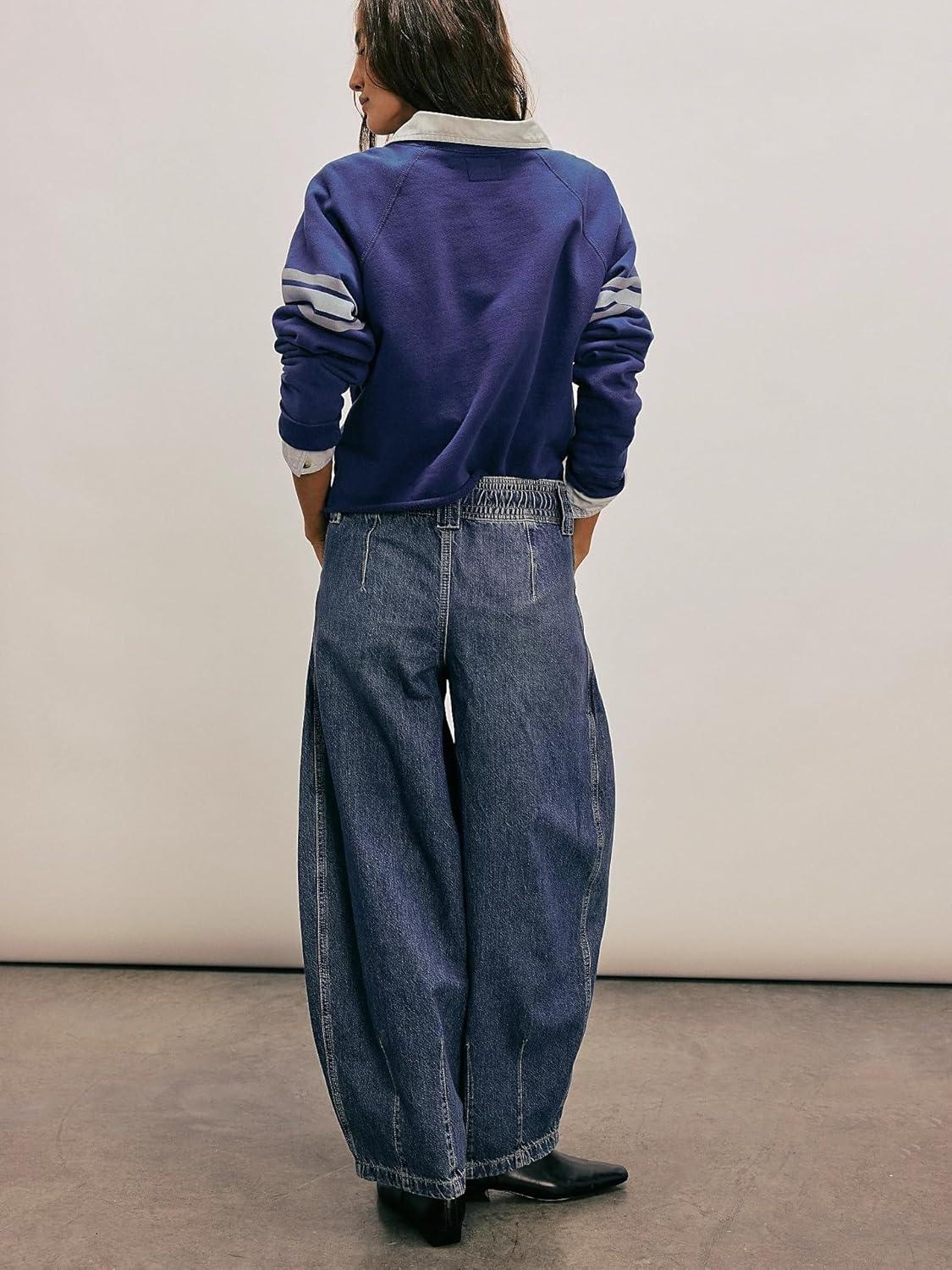imagechouyatou Womens Wide Leg Drawstring Jeans Elastic Waist Baggy Jeans Boyfriend Loose Harem Denim Pants with PocketsDark Blue