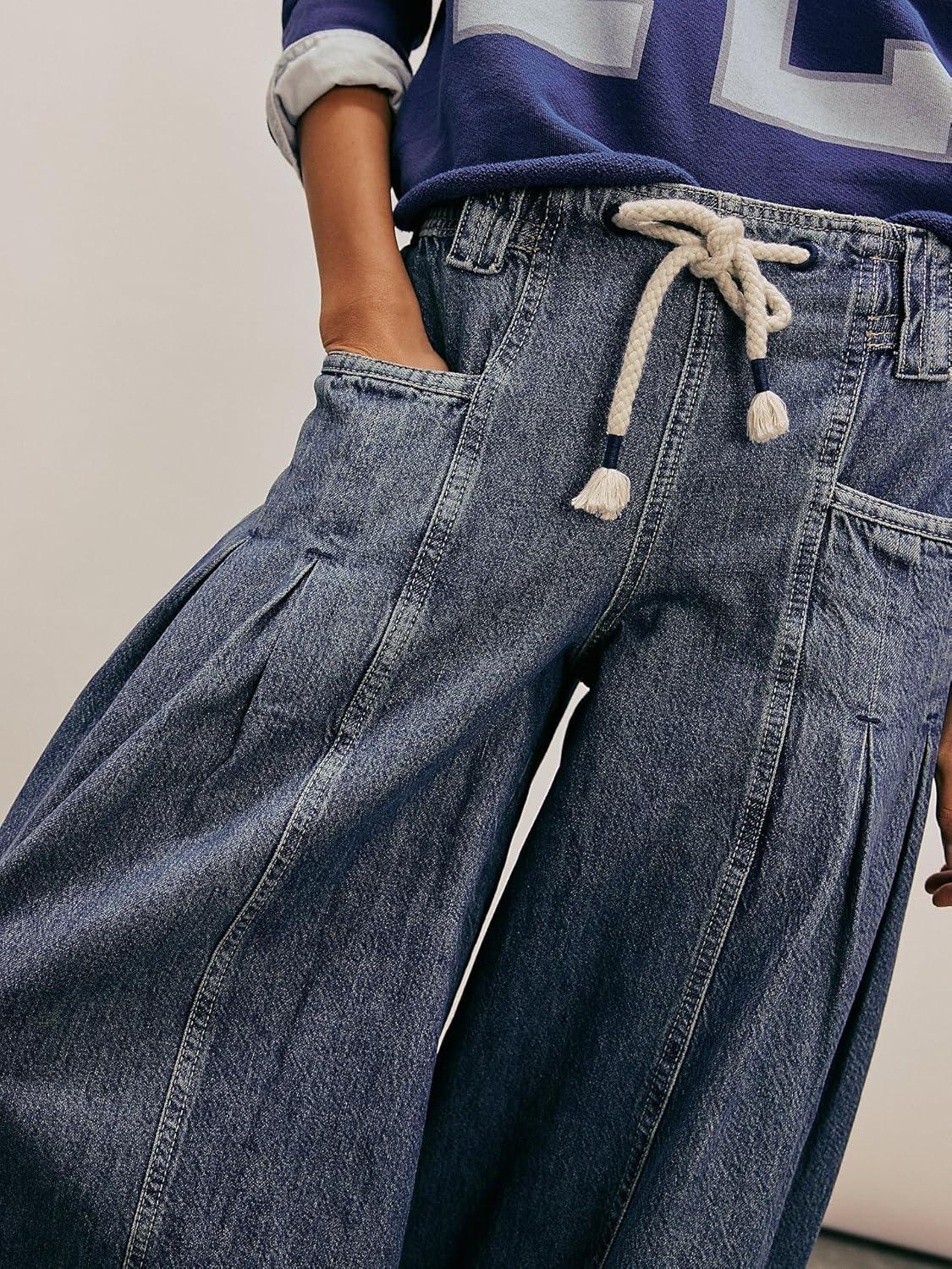 imagechouyatou Womens Wide Leg Drawstring Jeans Elastic Waist Baggy Jeans Boyfriend Loose Harem Denim Pants with PocketsDark Blue