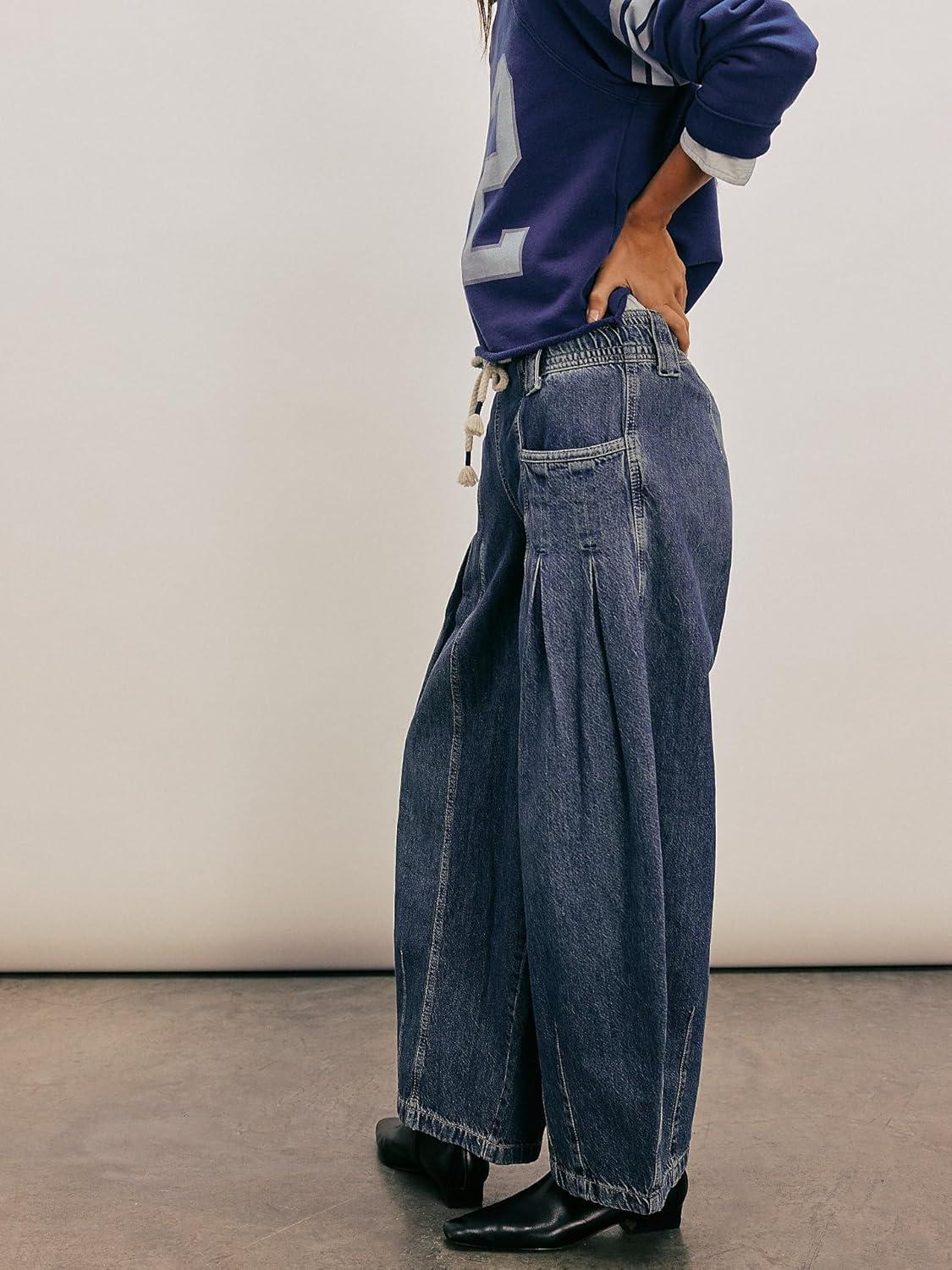 imagechouyatou Womens Wide Leg Drawstring Jeans Elastic Waist Baggy Jeans Boyfriend Loose Harem Denim Pants with PocketsDark Blue