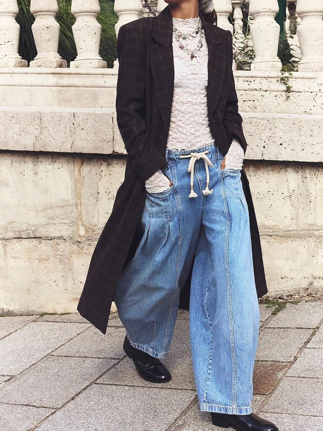 imagechouyatou Womens Wide Leg Drawstring Jeans Elastic Waist Baggy Jeans Boyfriend Loose Harem Denim Pants with PocketsLight Blue