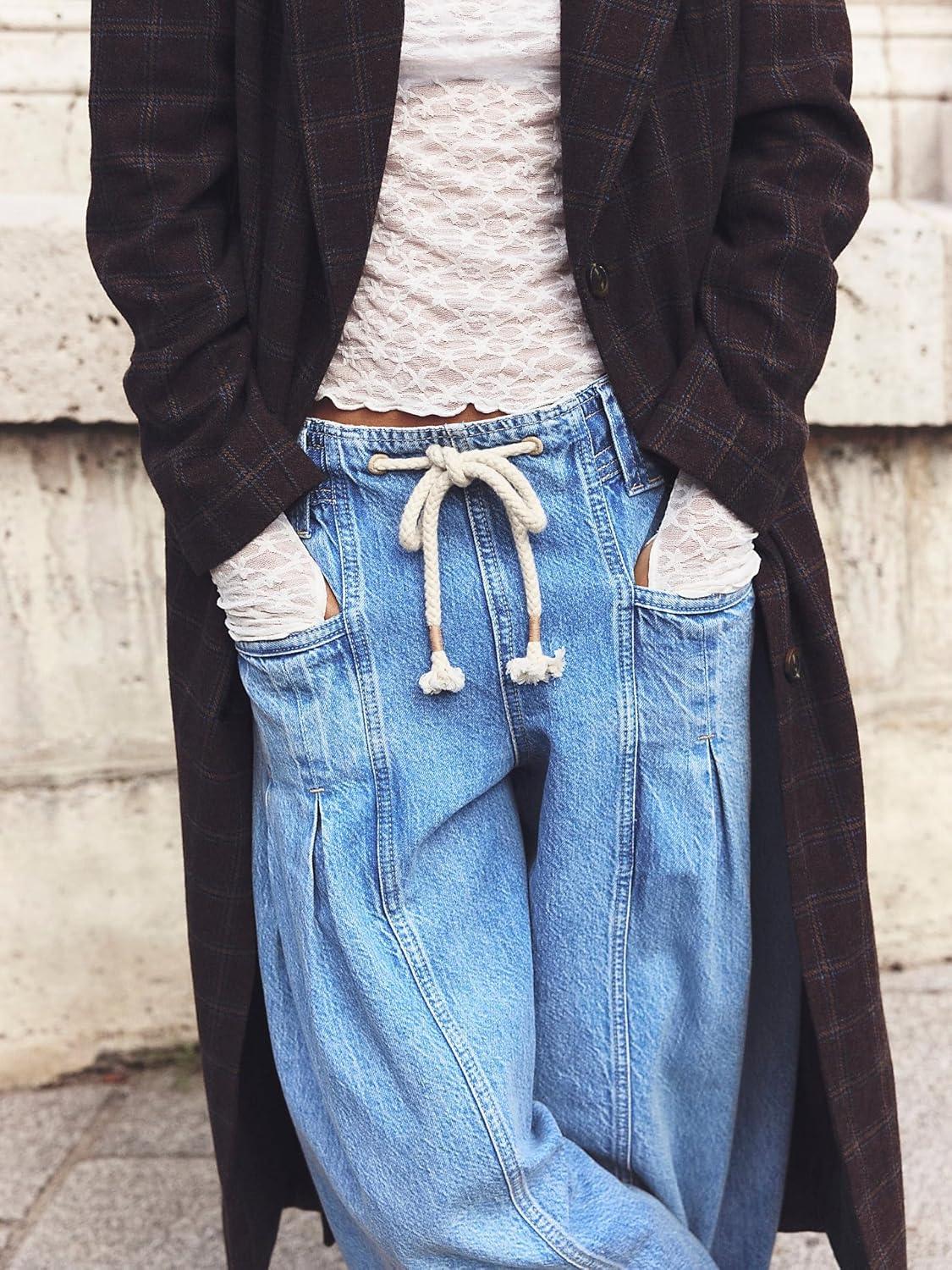 imagechouyatou Womens Wide Leg Drawstring Jeans Elastic Waist Baggy Jeans Boyfriend Loose Harem Denim Pants with PocketsLight Blue