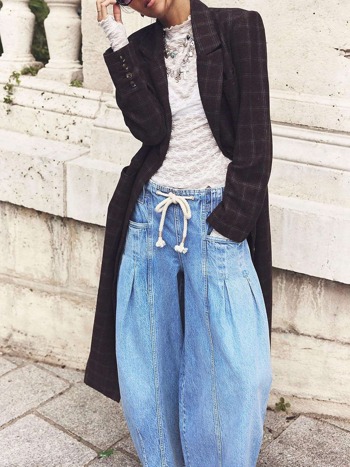 imagechouyatou Womens Wide Leg Drawstring Jeans Elastic Waist Baggy Jeans Boyfriend Loose Harem Denim Pants with PocketsLight Blue