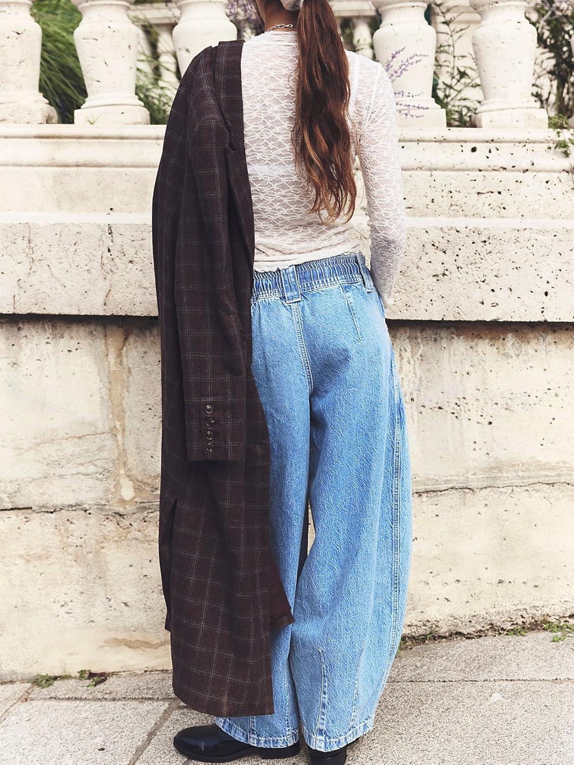 imagechouyatou Womens Wide Leg Drawstring Jeans Elastic Waist Baggy Jeans Boyfriend Loose Harem Denim Pants with PocketsLight Blue