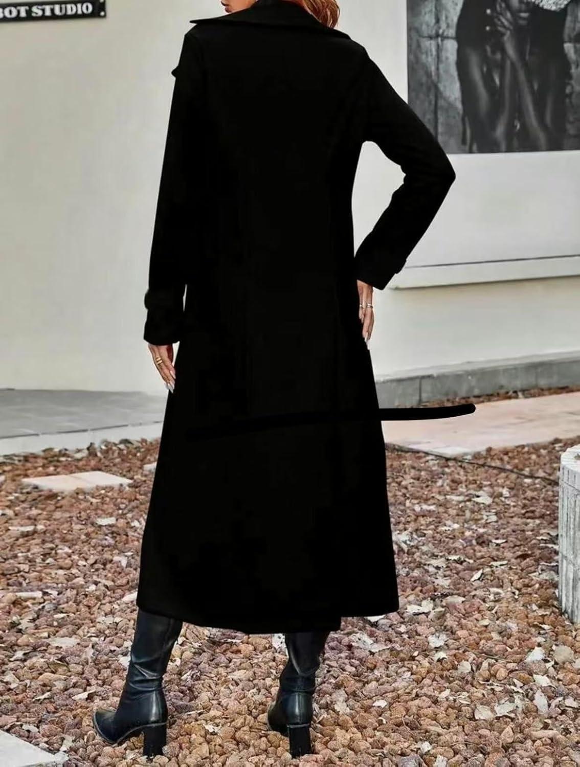 imagechouyatou Womens Winter Double Breasted Wool Coat Business Casual Long Sleeve Midi Long Winter Pea CoatBlack