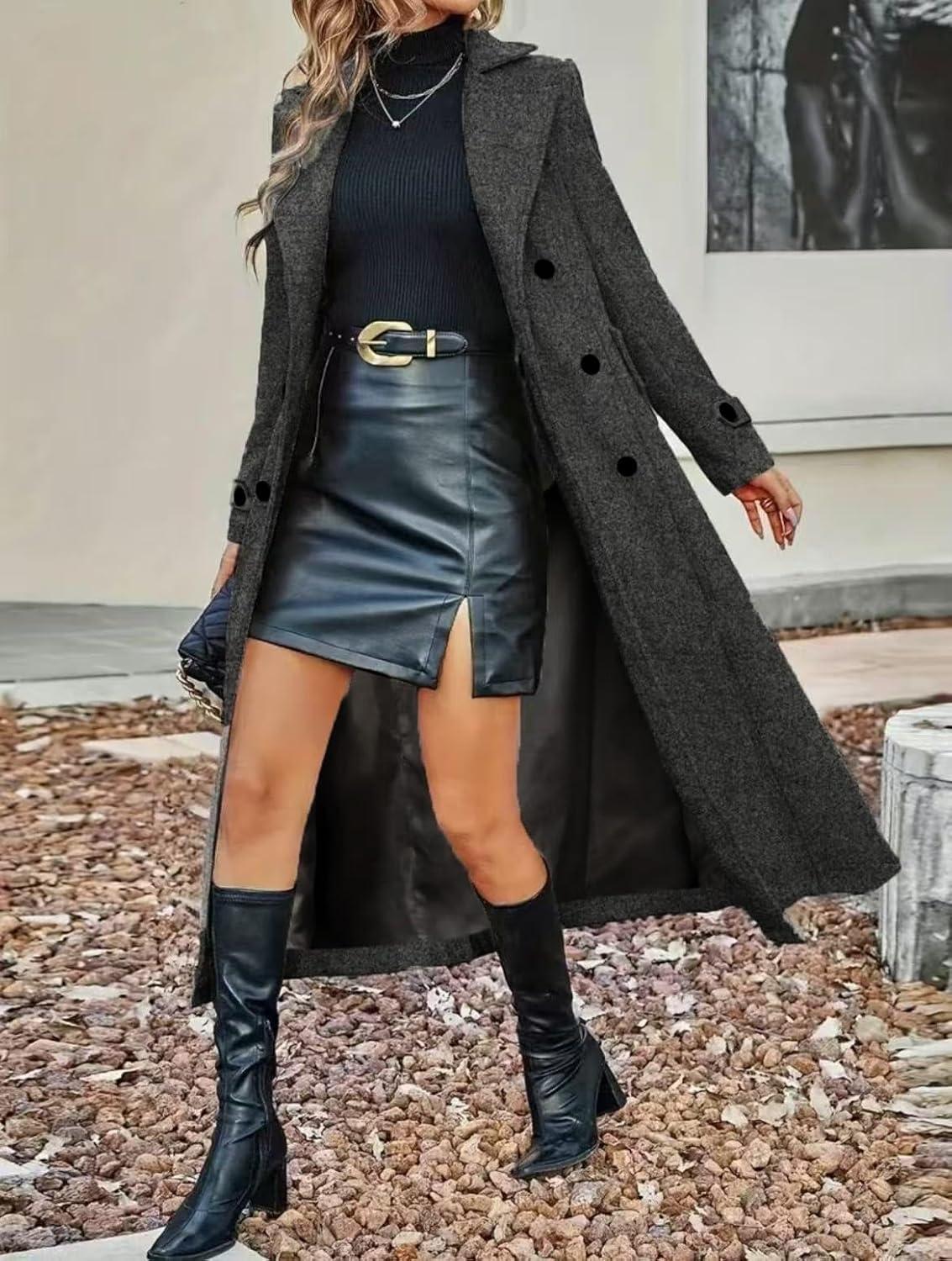 imagechouyatou Womens Winter Double Breasted Wool Coat Business Casual Long Sleeve Midi Long Winter Pea CoatDark Grey