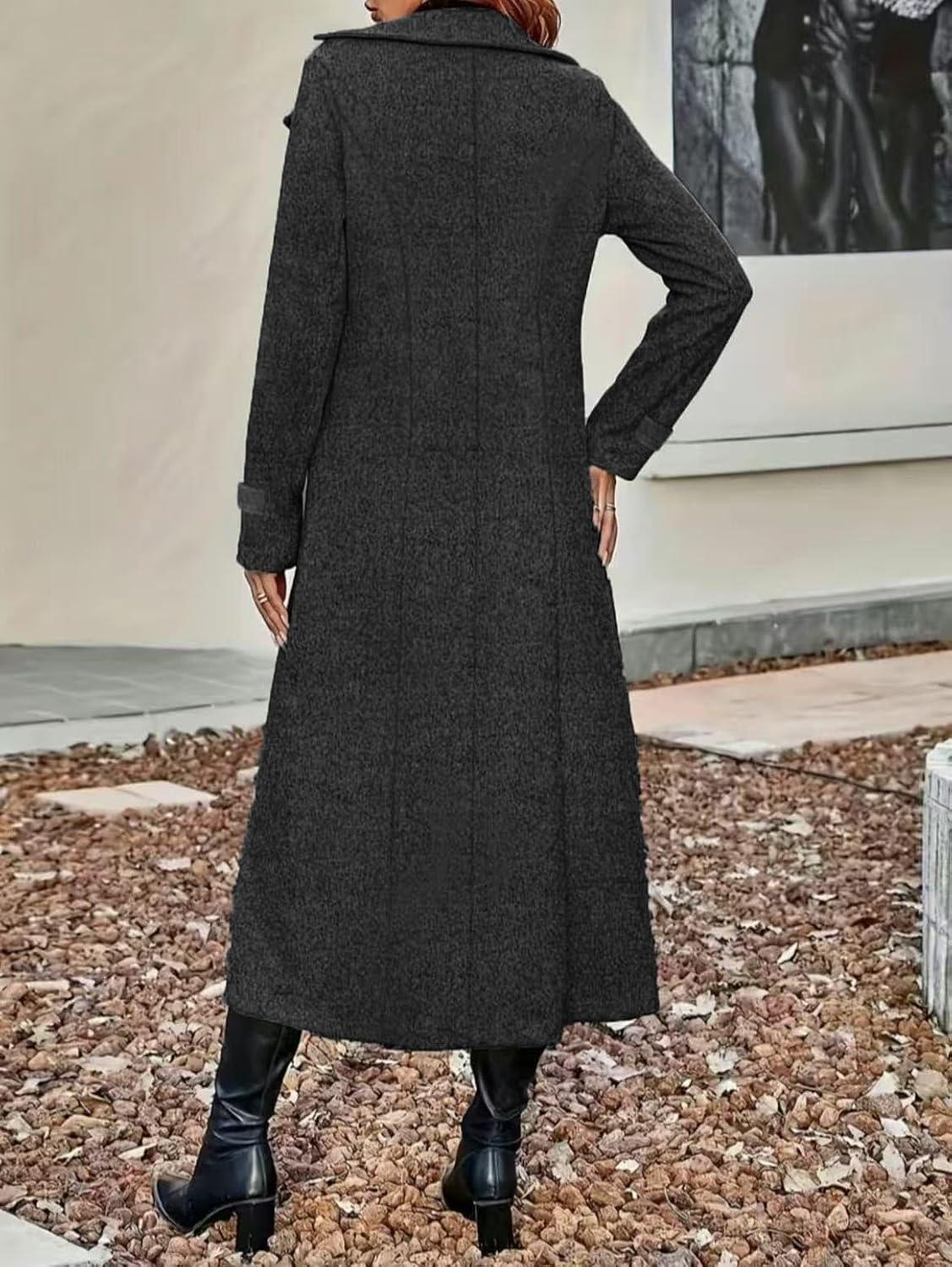 imagechouyatou Womens Winter Double Breasted Wool Coat Business Casual Long Sleeve Midi Long Winter Pea CoatDark Grey